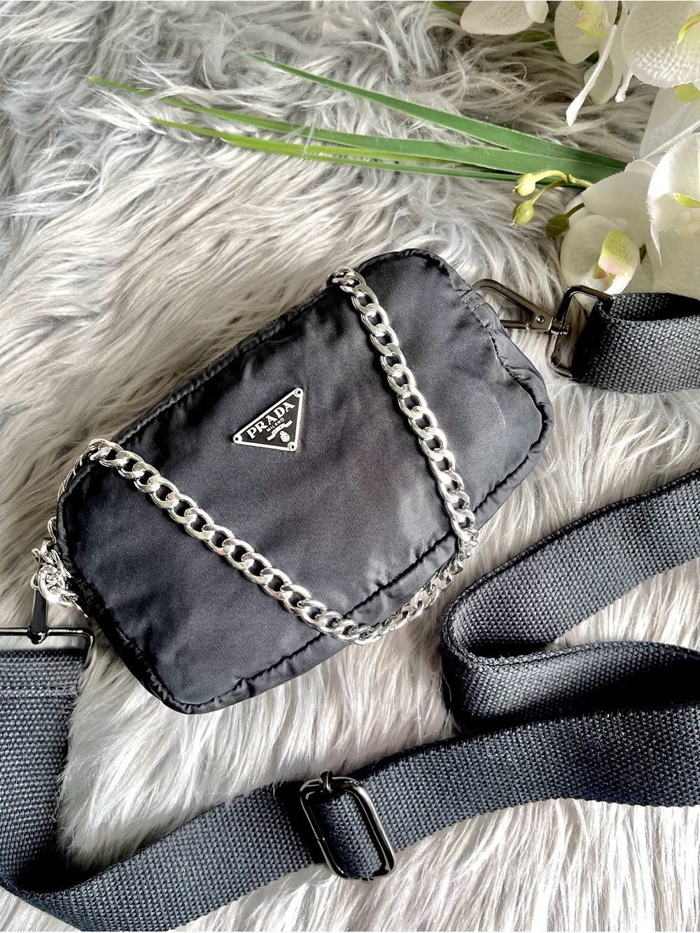 Prada Black Nylon Crossbody with Silver Chain Accent